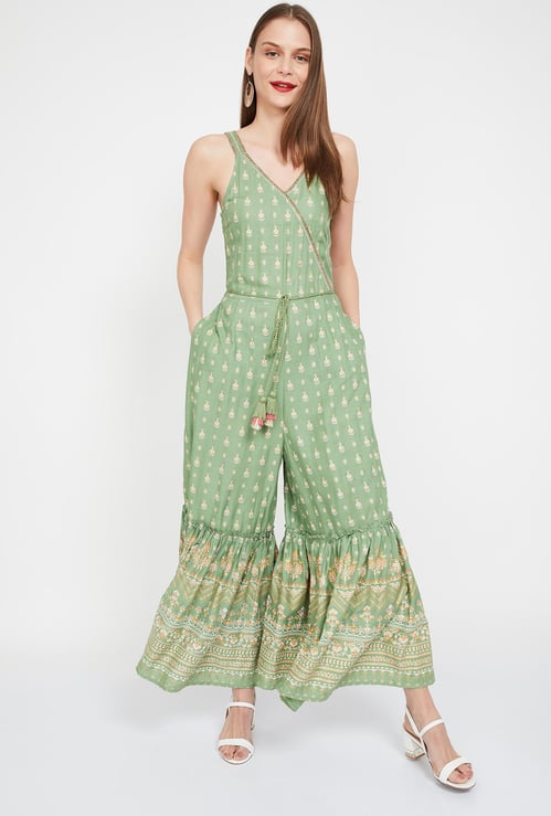 GLOBAL DESI Printed Sleeveless Jumpsuit with Surplice Neck