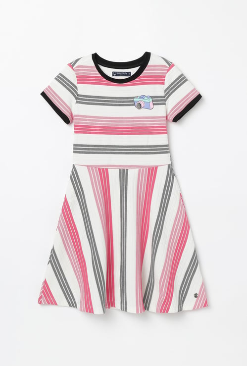 ALLEN SOLLY Striped Short Sleeves A-line Dress