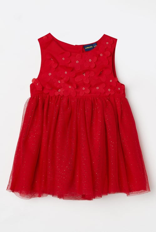 JUNIORS Girls Net Fit and Flare Dress with Floral Applique