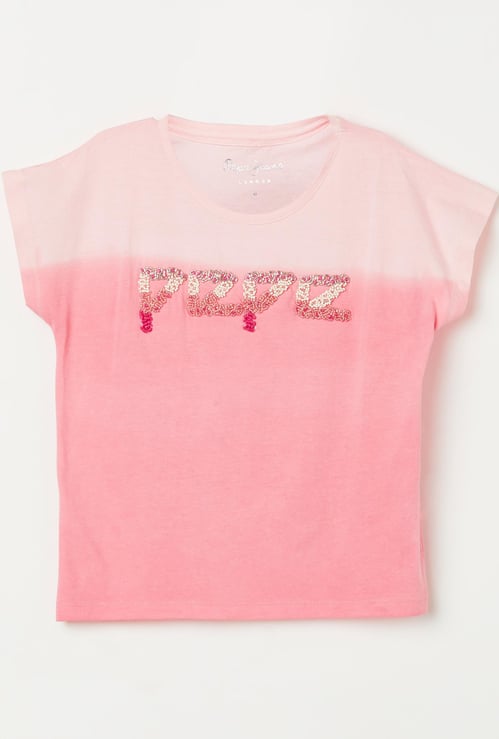 PEPE JEANS Girls Beaded Ombre-Dyed Round-Neck T-shirt