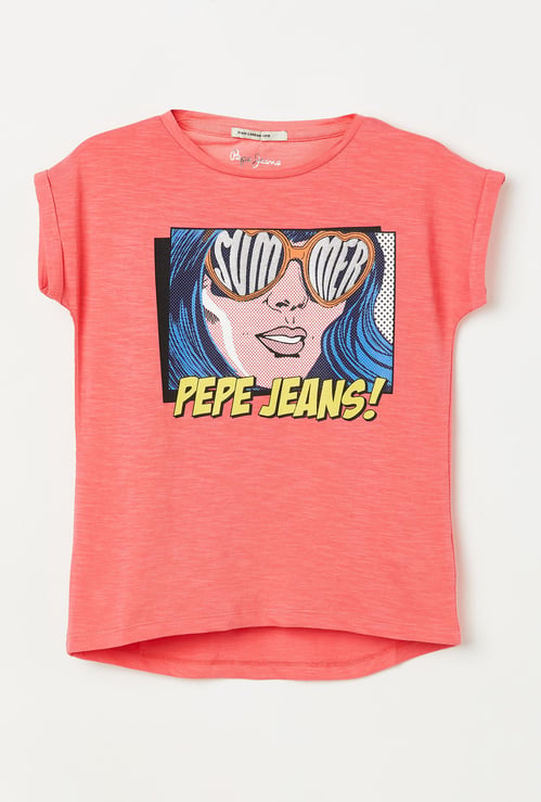 PEPE JEANS Girls Graphic Print T-shirt with Upturned Hems
