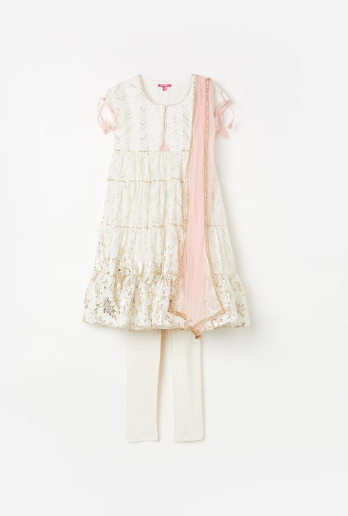 BIBA Girls Foil Print A-line Kurta with Pants and Dupatta