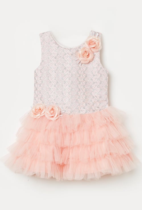PEPPERMINT Girls Tiered Lace Fit & Flare Dress with Rosette