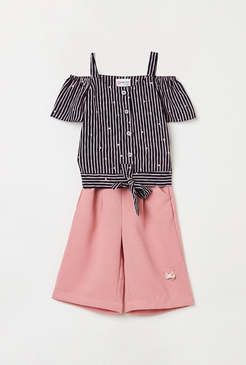 PEPPERMINT Girls Striped Cold-Shoulder Top with Culottes