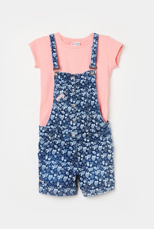 PEPPERMINT Girls Printed Dungaree and a Solid Top