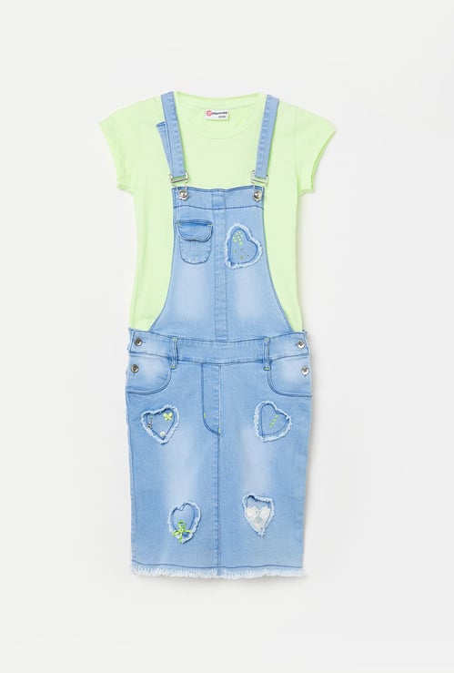 PEPPERMINT Girls Stonewashed Dungaree and a Solid Top