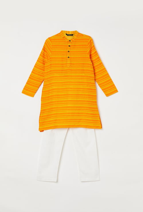 MELANGE Boys Striped Band Collar Kurta with Elasticated Waist Pyjamas
