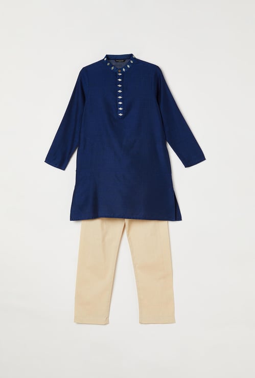 MELANGE Boys Solid Band Collar Kurta with Elasticated Waist Pyjamas