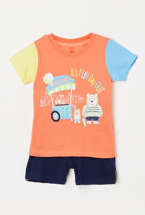 FS MINI KLUB Printed T-shirt and Solid Elasticated Shorts