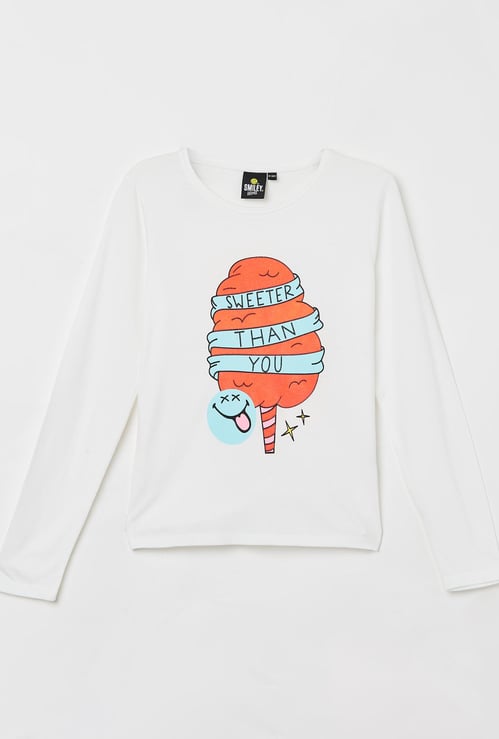 SMILEYWORLD Girls Printed Round Neck T-shirt