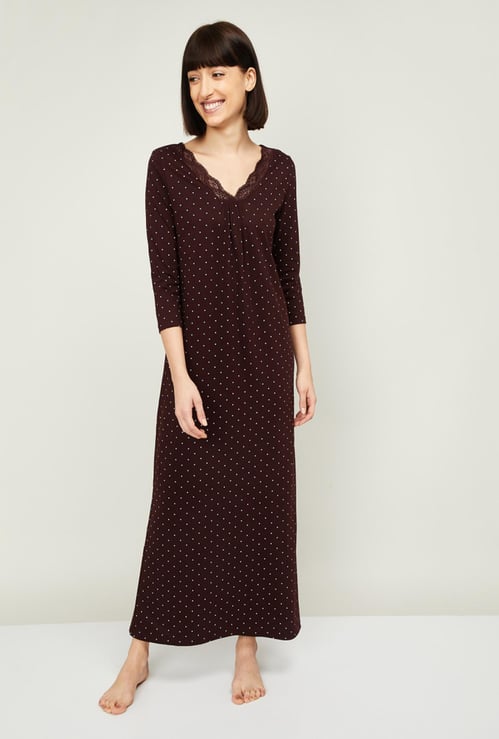 GINGER Women Polka-Dot Print Night Dress with Lace Trim