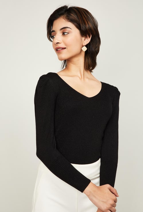 CODE Women Ribbed V-neck Sweater