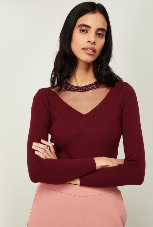 CODE Women Ribbed Pullover with Embellished Choker Neck