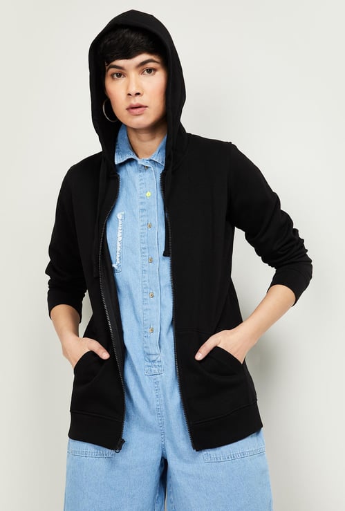 FAME FOREVER Women Solid Full Sleeves Hooded Sweatshirt