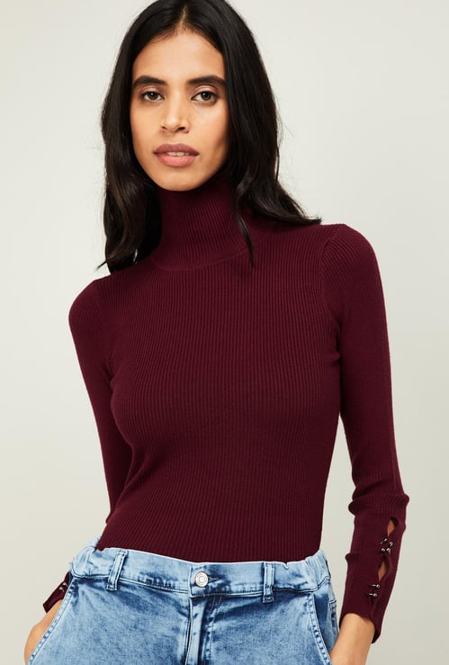 GINGER Women Ribbed High-Neck Pullover