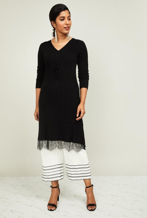 MELANGE Women Solid V-neck Knitted Tunic