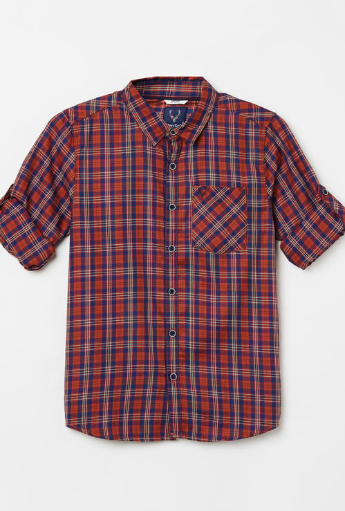 ALLEN SOLLY Boys Checked Roll-Up Sleeves Shirt
