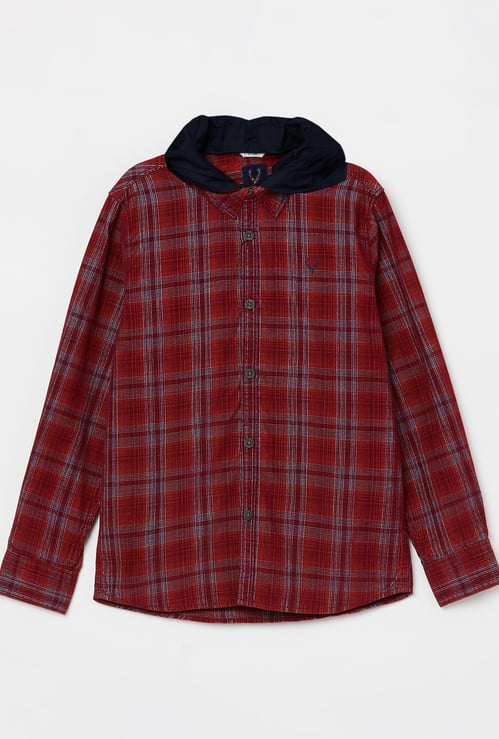 ALLEN SOLLY Boys Checked Full Sleeves Hooded Shirt