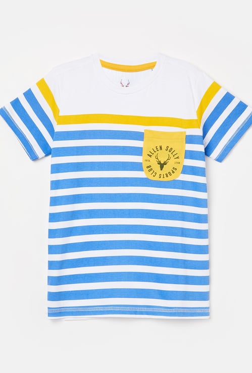 ALLEN SOLLY Striped Crew-Neck T-shirt with Patch Pocket