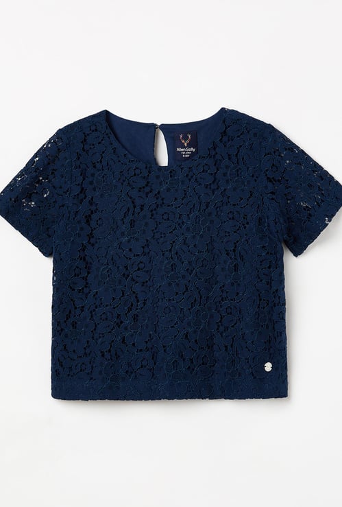 ALLEN SOLLY Girls Lace Detail Short Sleeves Top