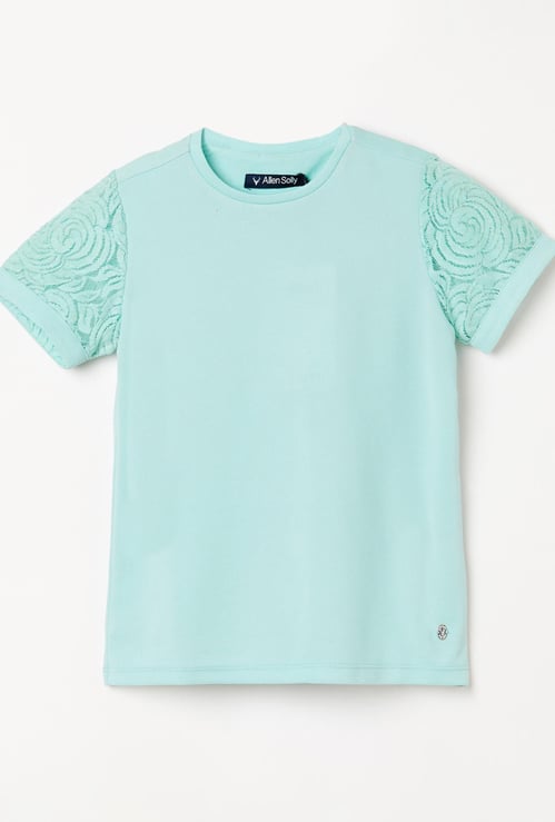 ALLEN SOLLY Girls Round-Neck Top with Lace Sleeves