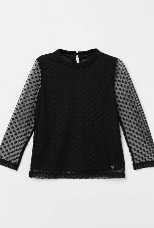 ALLEN SOLLY Girls Dobby Lace Top with Sheer Sleeves