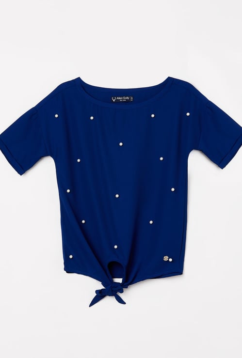 ALLEN SOLLY Girls Beaded Short Sleeves Top