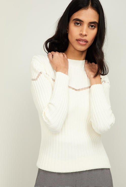 CODE Women Ribbed Pullover with Sheer Trim