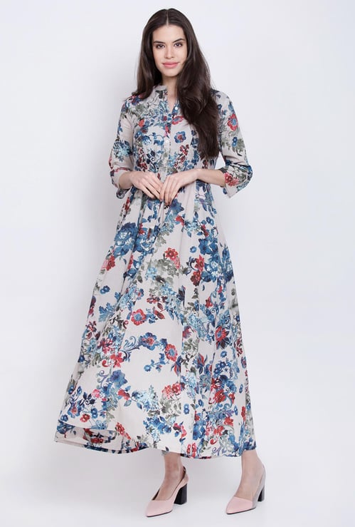BIBA Women Floral Print Three-quarter Sleeves Maxi Dress