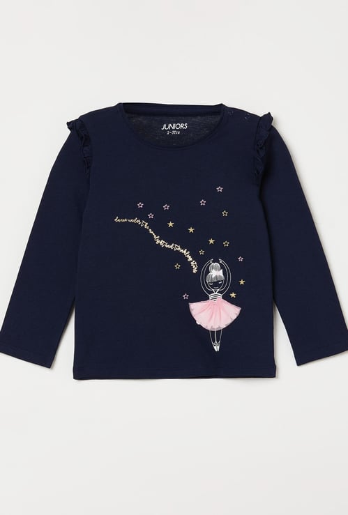 JUNIORS Virobar Printed Full Sleeves T-shirt with Ruffled Detail