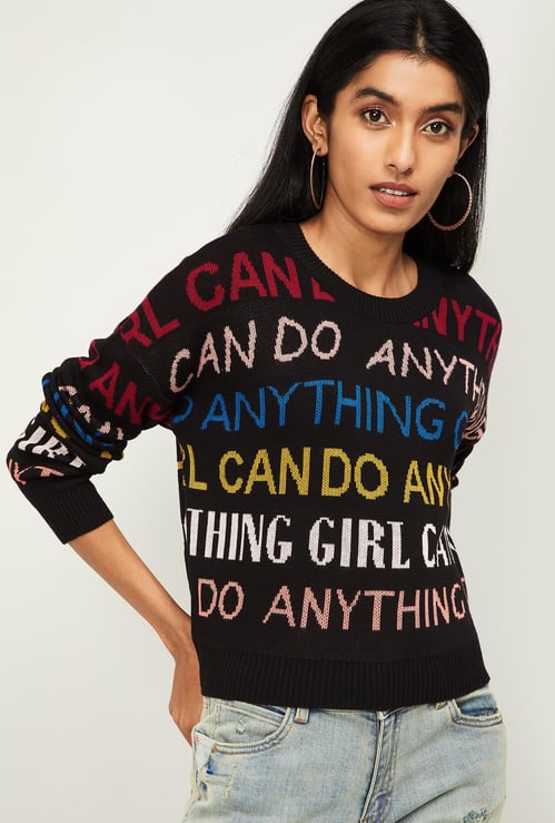 GINGER Women Typographic Pattern Sweater