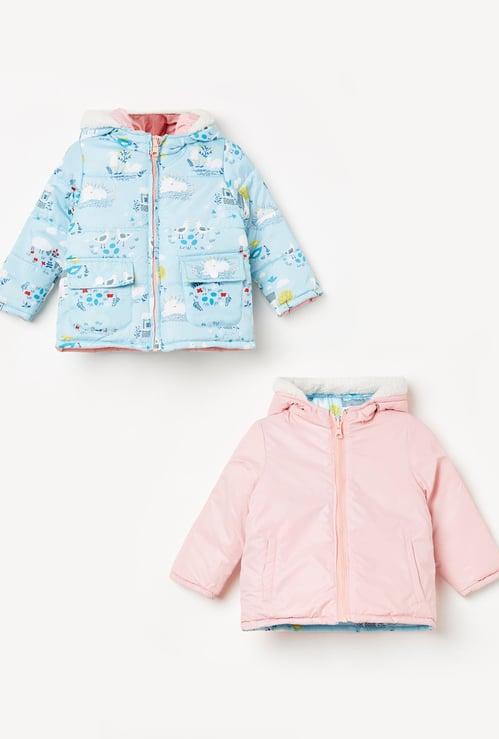 JUNIORS Girls Printed Hooded Reversible Jacket
