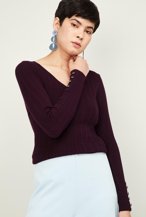 CODE Women Ribbed Scoop Neck Pullover