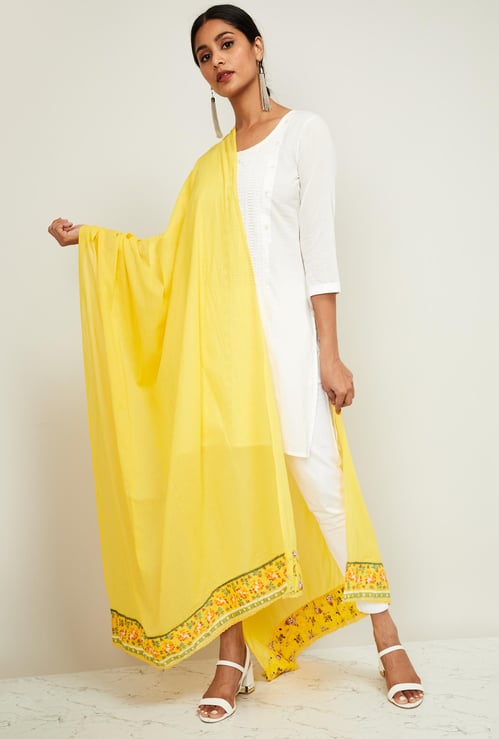 BIBA Women Solid Dupatta with Floral Print Border