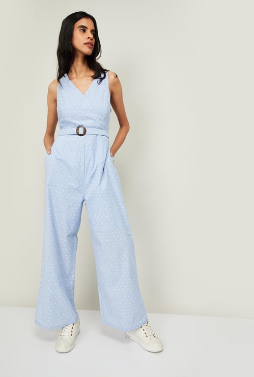 FABALLEY Women Polka-Dot Print Jumpsuit with Surplice Neck