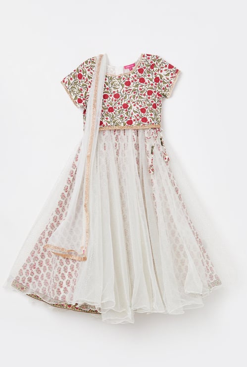 BIBA Girls Printed Blouse with Flared Lehenga and Dupatta