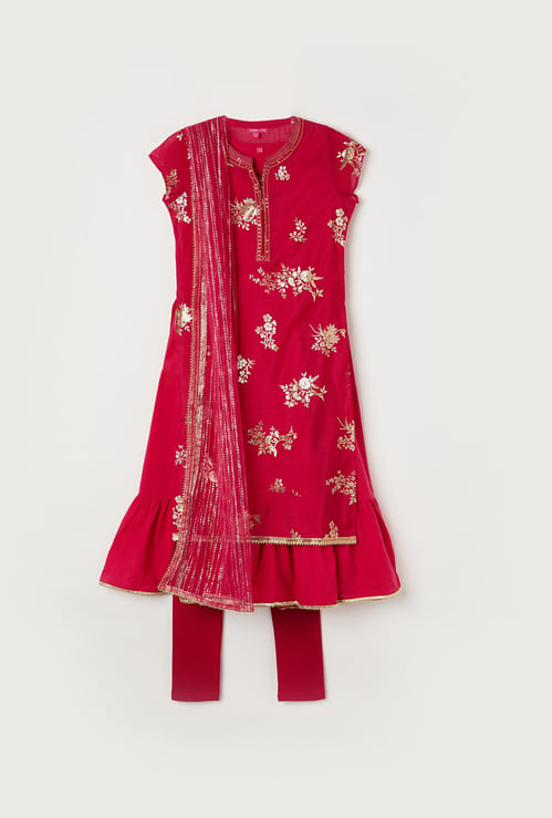 BIBA Girls Printed Layered Kurta with Churidars and Dupatta