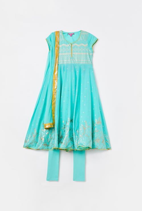 BIBA Girls Printed Flared Kurta with Churidar and Dupatta