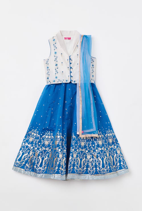 BIBA Girls Embroidered Blouse with Printed Lehenga and Dupatta