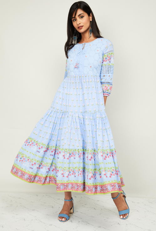BIBA Women Floral Print Maxi Dress with Schiffli Embroidery