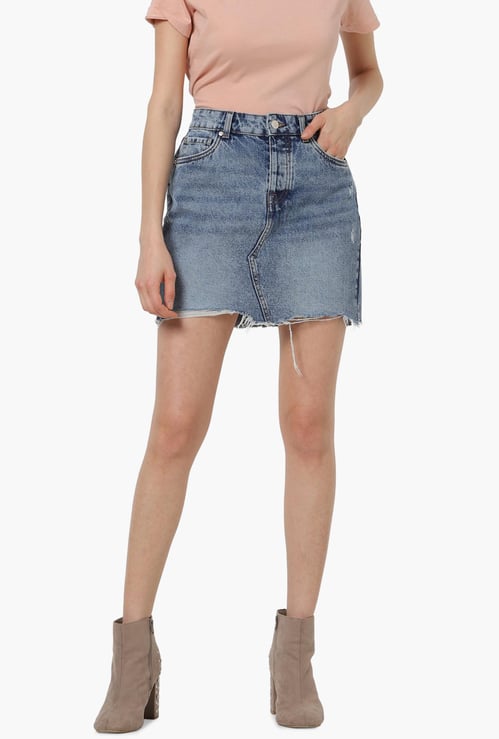 ONLY Women Lightly Washed Denim Skirt with Frayed Hems