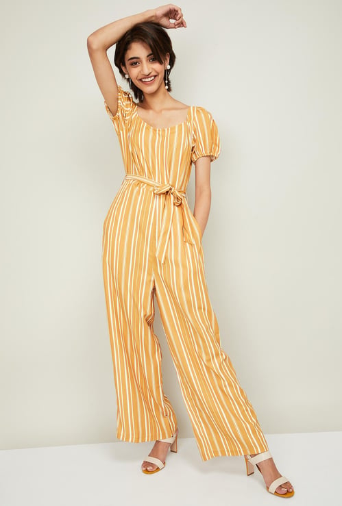 FABALLEY Striped Jumpsuit with Sash Tie-Up