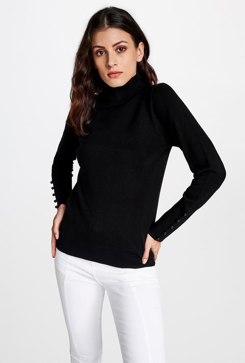 AND Women Solid Full Sleeves Sweater with Button Trim