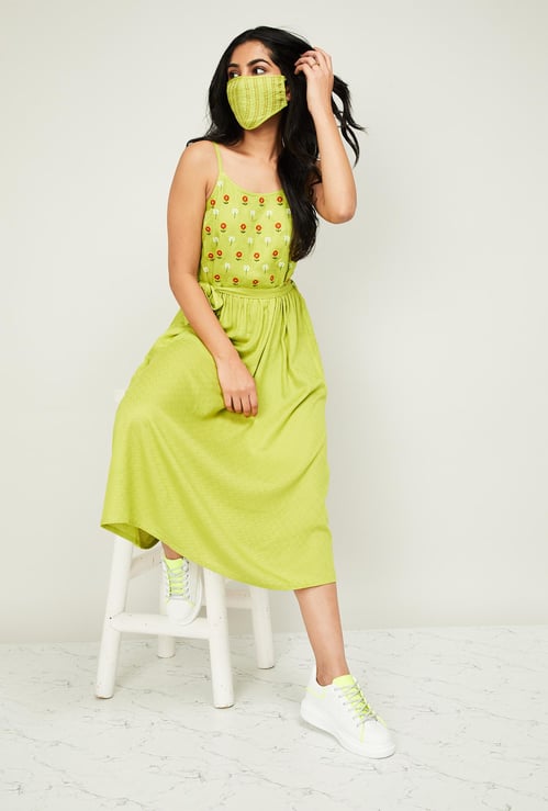 MELANGE Women Floral Embroidered Midi Dress with Striped Mask
