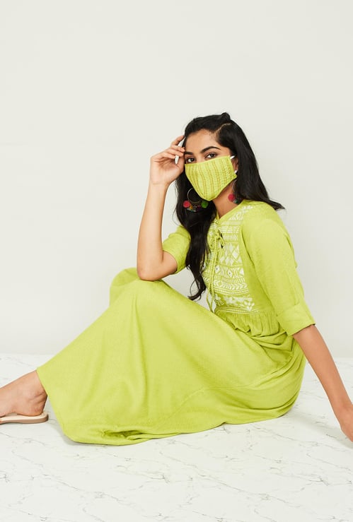 MELANGE Women Embroidered Midi Dress with Mask