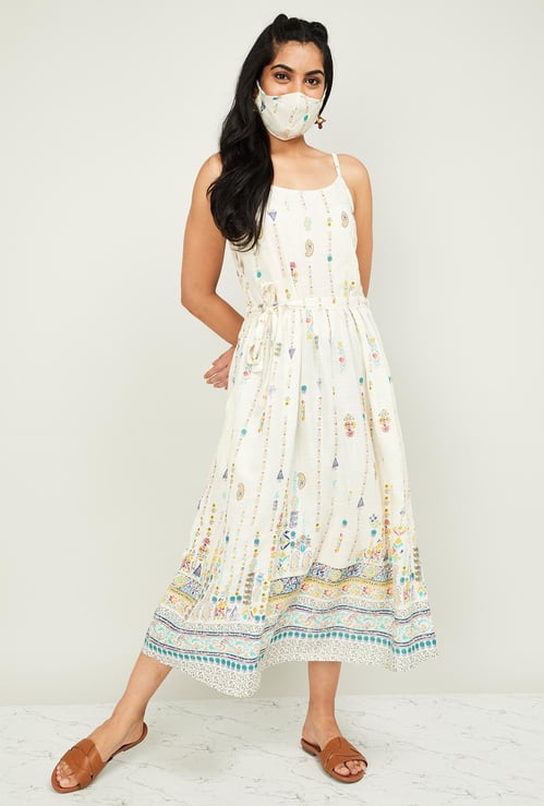 MELANGE Women Printed Sleeveless Midi Dress with Mask