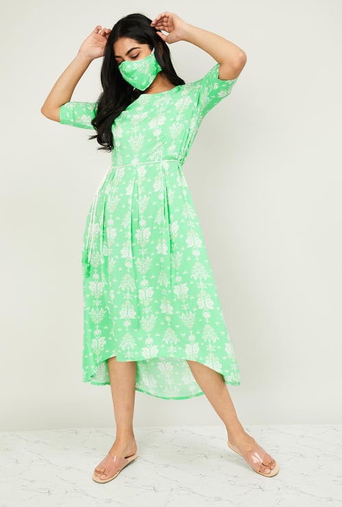 MELANGE Women Floral Print Midi Dress with Mask