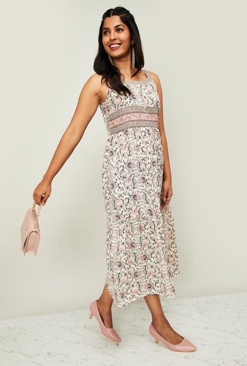 MELANGE Women Printed Sleeveless Midi Dress with a Printed Mask