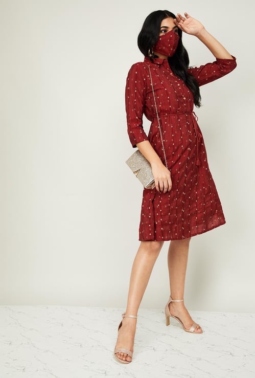 MELANGE Women Printed A-line Dress with Mask