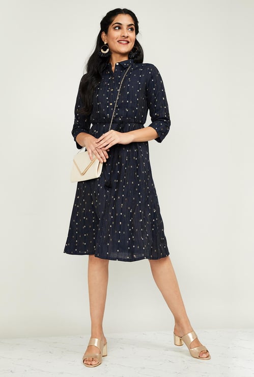 MELANGE Women Printed Three-quarter Sleeves A-line Dress with a Mask